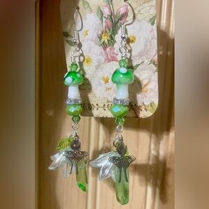 Green Mushrooms and Silver Moth Dangle Earrings